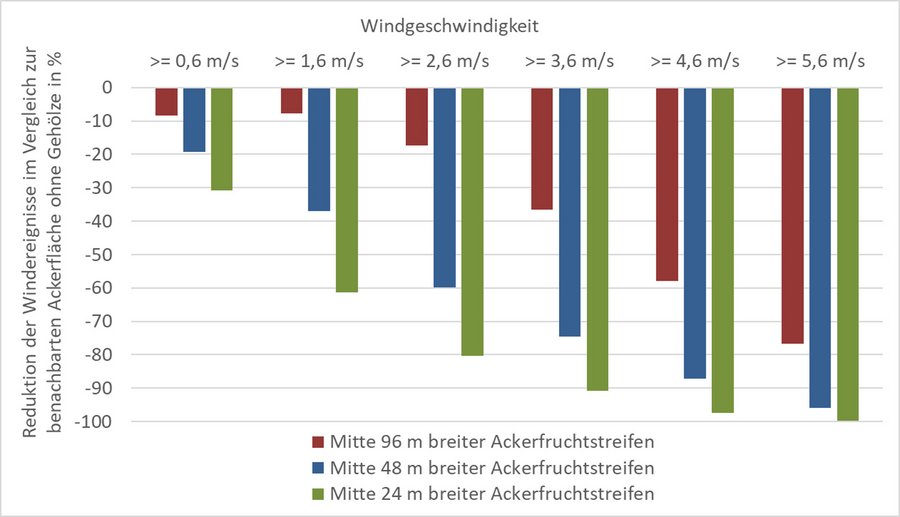 Das Säulendiagramm zeigt, dass der Einfluss von Agroforststreifen auf Windereignisse in den benachbarten Ackerflächen mit zunehmender Windgeschwindigkeit steigt.