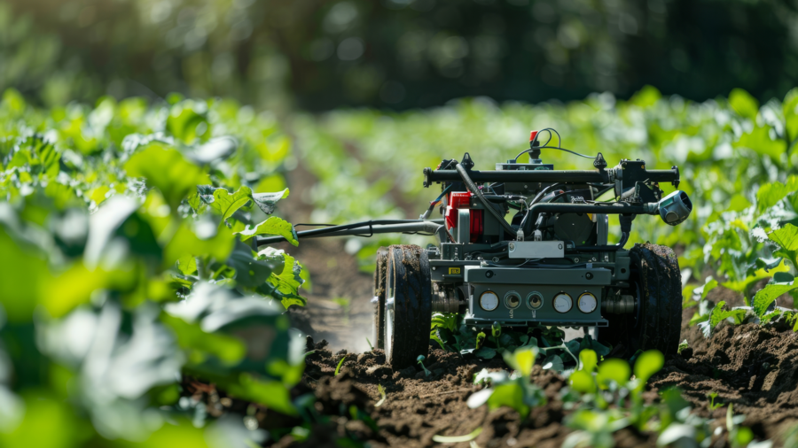 Robotik trifft auf Landwirtschaft, eine Nahaufnahme automatisierter Erntemaschinen in Aktion, die Effizienz und Produktivität auf dem Bauernhof neu definieren.