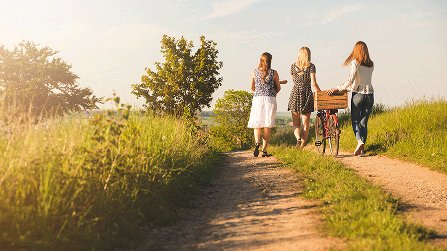 Drei junge Frauen gehen auf einem Feldweg weg vom Fotografierenden. Die mittlere schiebt gemeinsam mit der rechten ein rotes Fahrrad mit einer Holzkiste auf dem Gepäckträger. Seitlich des Weges hohes Gras im Hintergrund zwei Büsche und weites Feld.