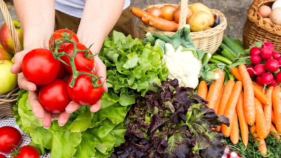 Auf einem Tisch liegen verschiedene Gemüsesorten. Die Hände einer Person reichen dem Betrachter rote Tomaten. 