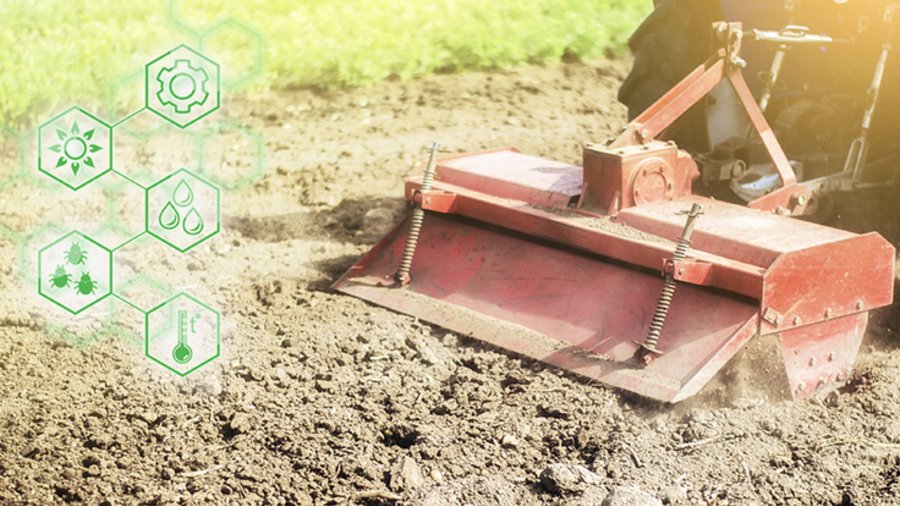 Traktor auf einem Feld bei der Bodenbearbeitung. Daneben sind fünf Symbole zu sehen: ein Zahnrad, eine Sonne, Wassertropfen, Insekten und ein Thermometer.