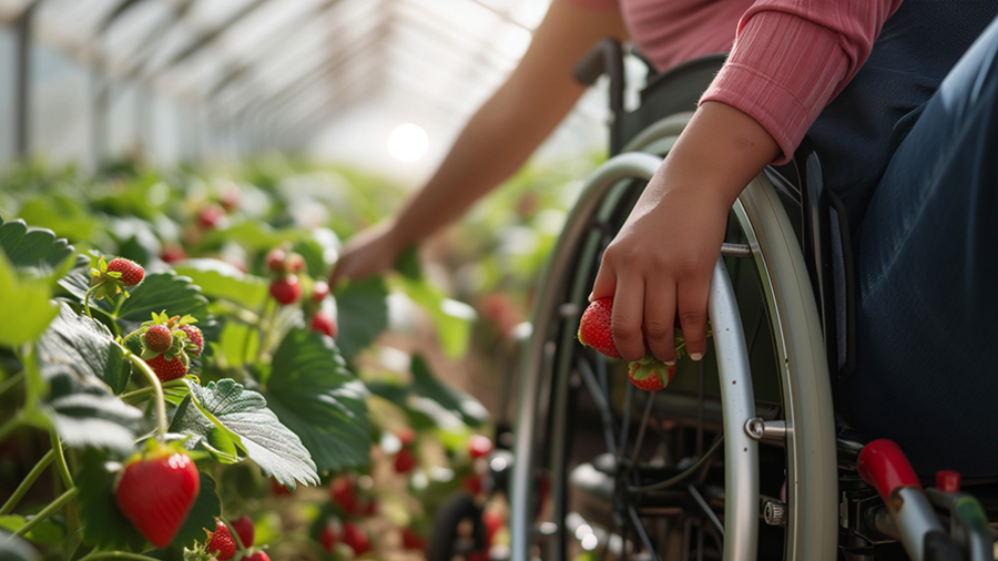 Ausschnitt von Rollstuhl und einer Person zu sehen, die an reifen Erdbeeren auf Gestell vorbeifährt und sie mit beiden Händen erntet.